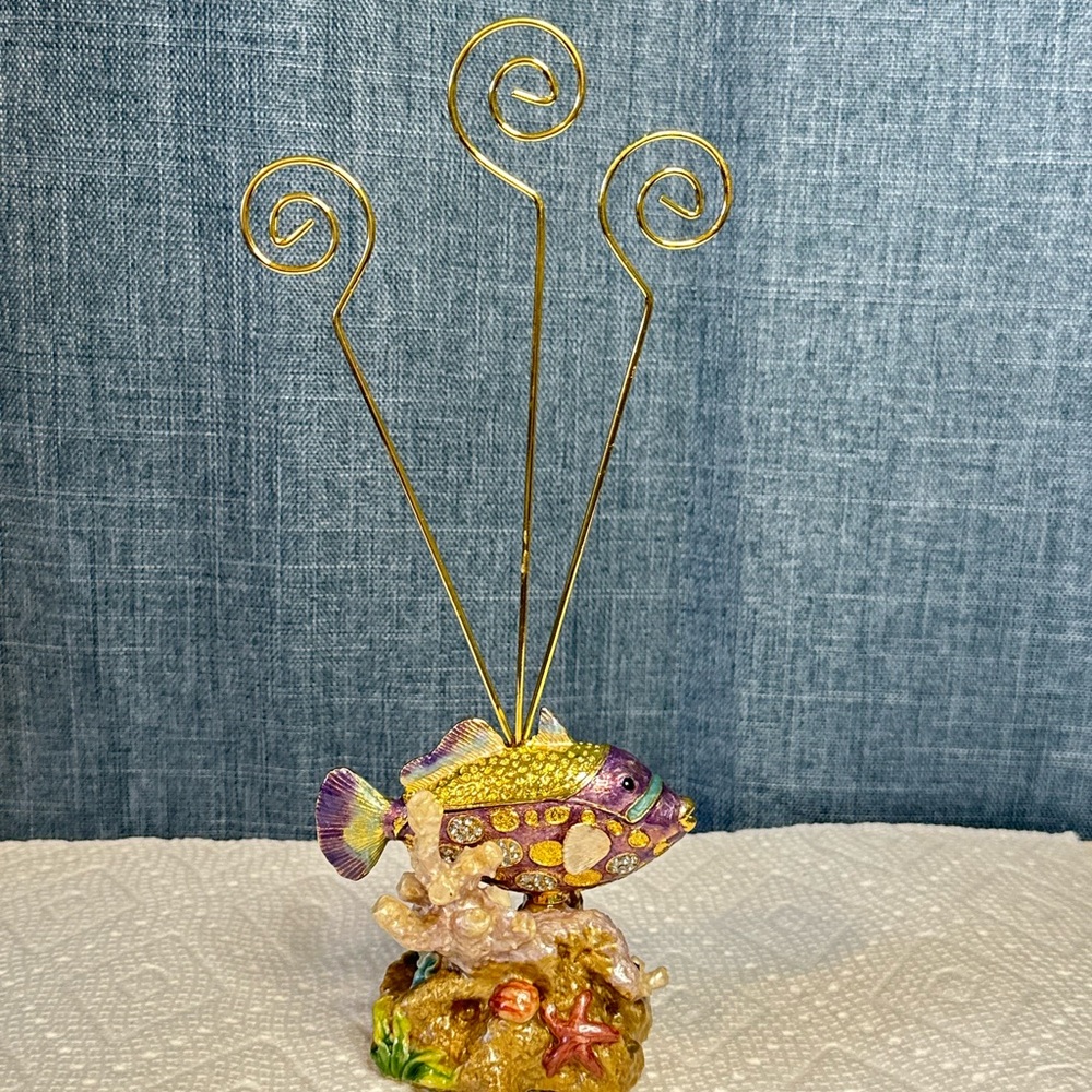 Enameled‎ Fish With Coral Metal Figurine / Photo / Receipe / Note Card Holder